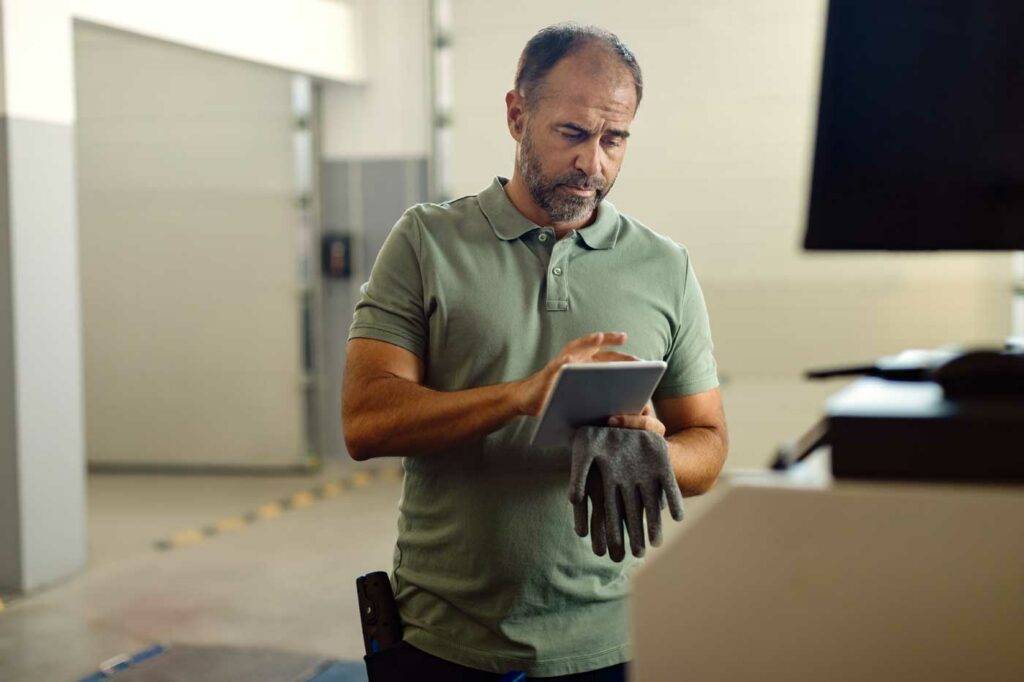 Hausmeister oder Handwerker trägt Handschuhe und hält ein Tablet in der Werkstatt – Hausmeisterstellen in Dresden