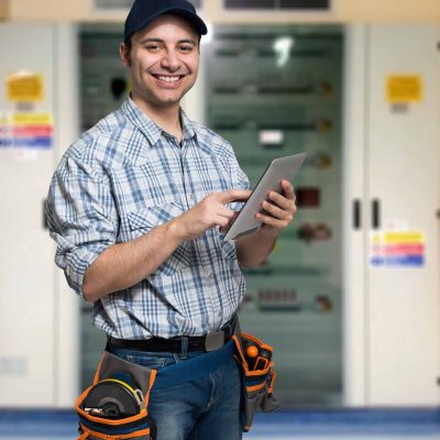 Freundlicher Hausmeister oder Elektriker mit Tablet steht vor einem Schaltschrank – Handwerkerjob an Schulen in Dresden